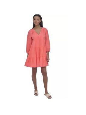 🩷 DKNY Jeans 3/4 Sleeve Split Neck Tiered Dress Pink/Coral Size Large NWT!